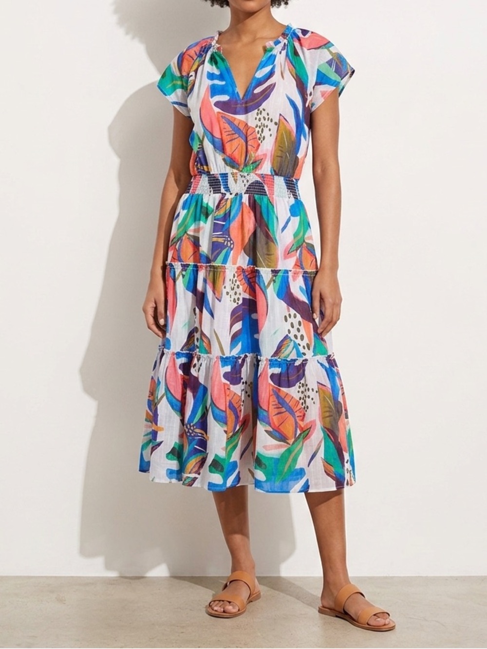 Umgee Tropical Leaf Print Tiered Midi Dress in White, Blue, Green & Coral